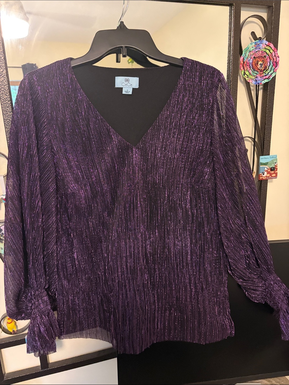 CeCe Purple Metallic V-Neck Long Sleeve Blouse